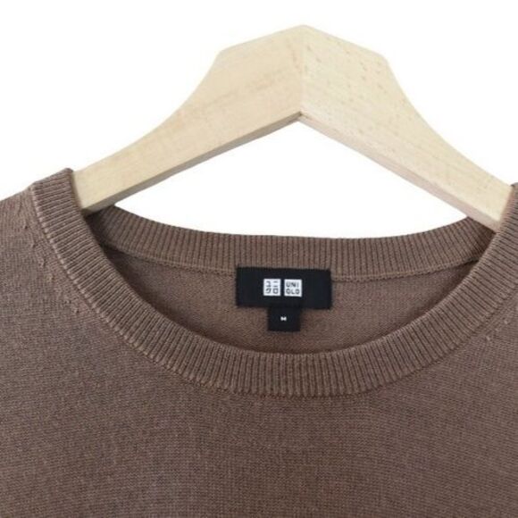 Uniqlo 100% Pure Wool Knit Long Sleeve Sweater Men’s Sz L Camel Brown Top - Picture 4 of 7